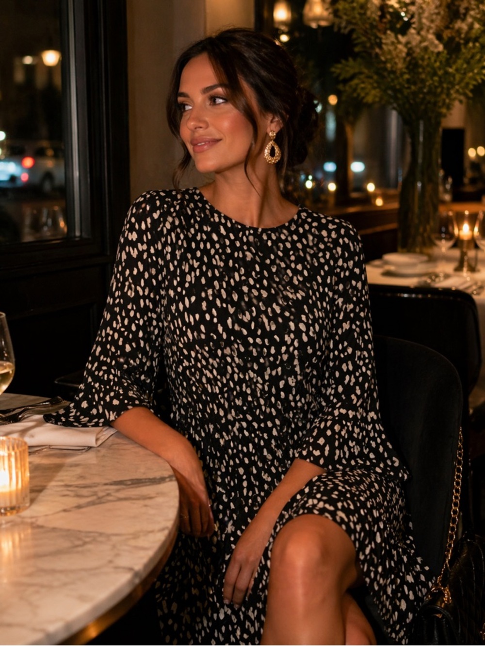 Hayden NWT Black White Spot Print Dress Size S 3/4 Bell Sleeve Tiered A16